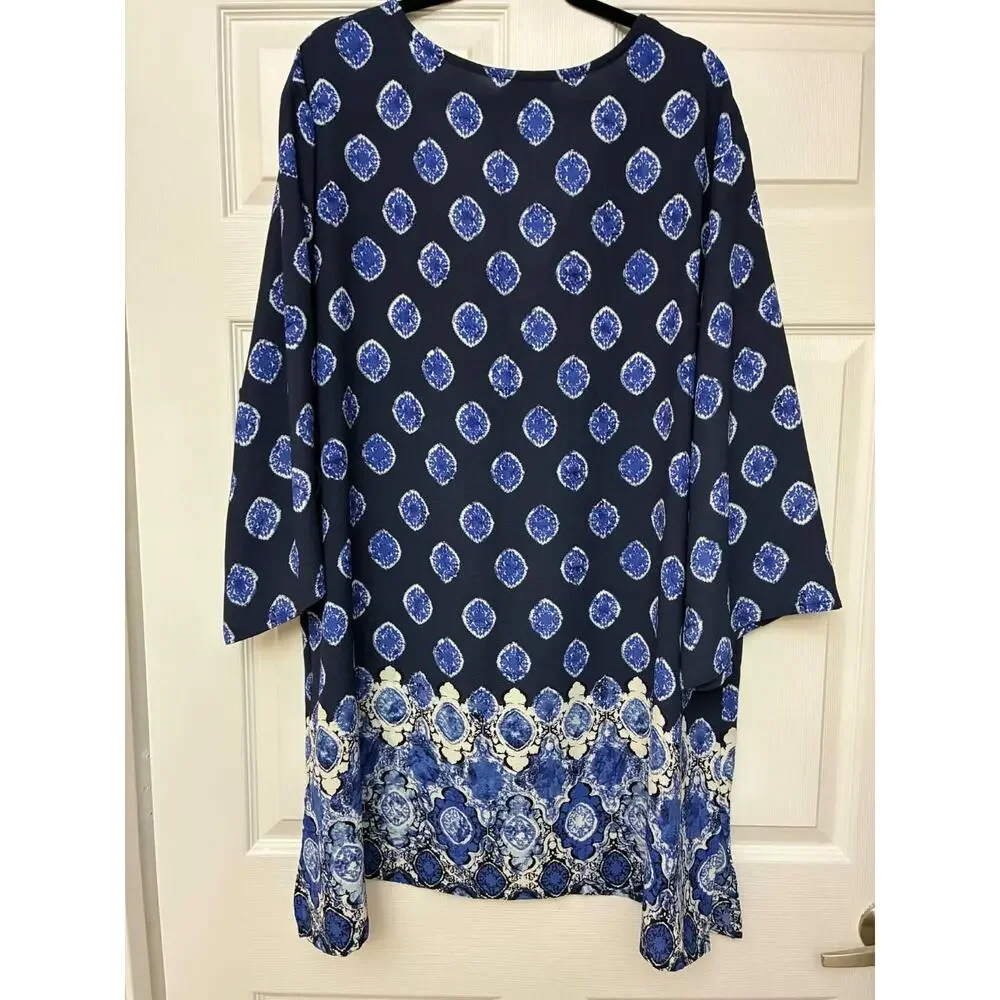 J Valdi Blue Medallion Print Tunic‎ Dress Women's Plus Size Boho Long Sleeve